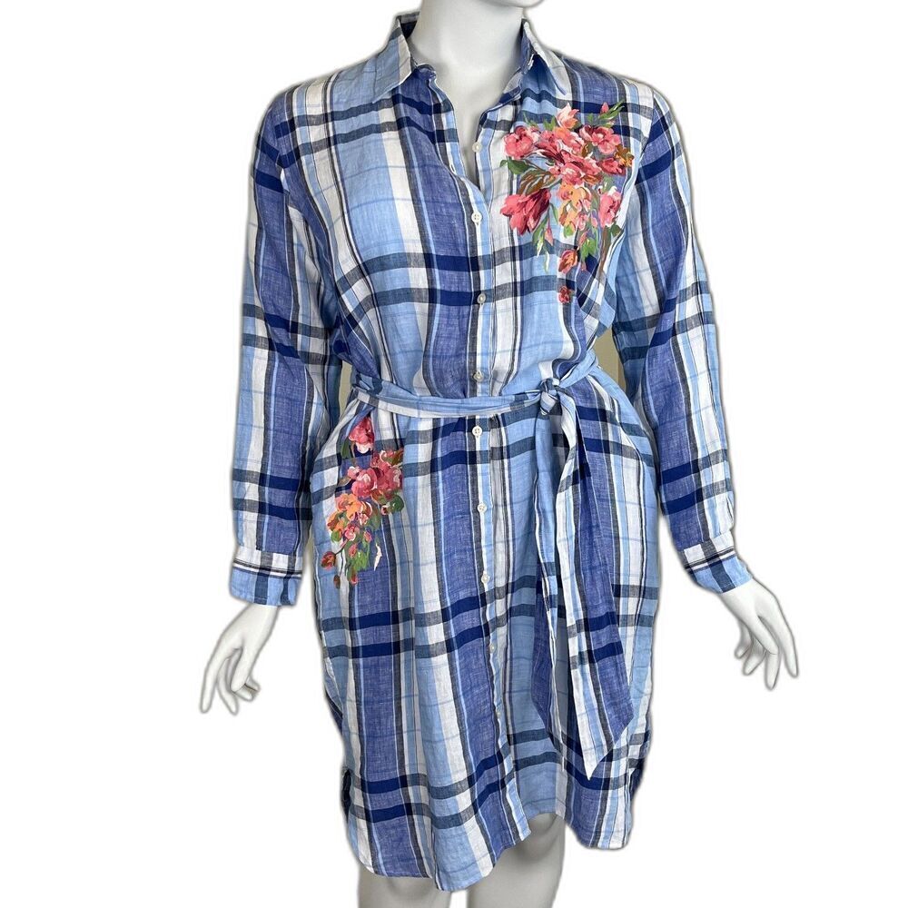 LAUREN Ralph Lauren Women's Size 16 Blue Floral Plaid Linen Midi Shirt Dress Art